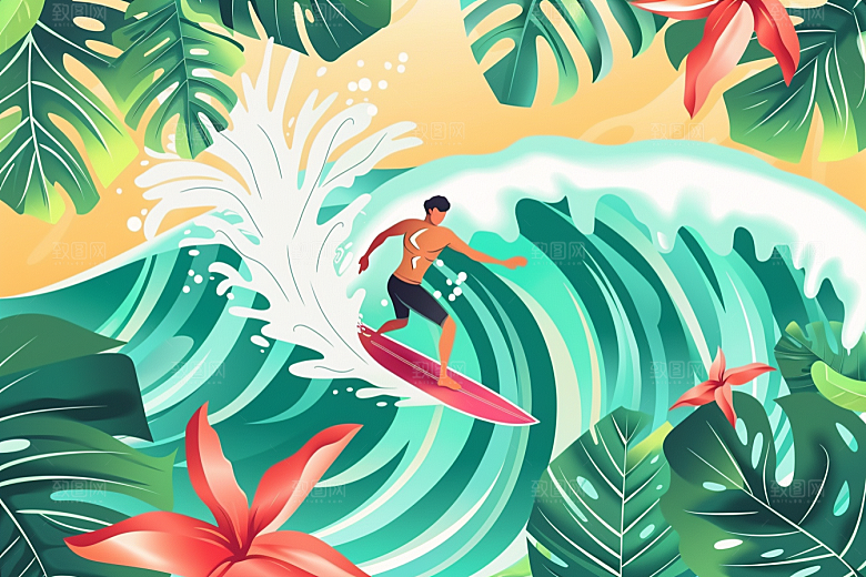 扁平风冲浪INS风玩水插画