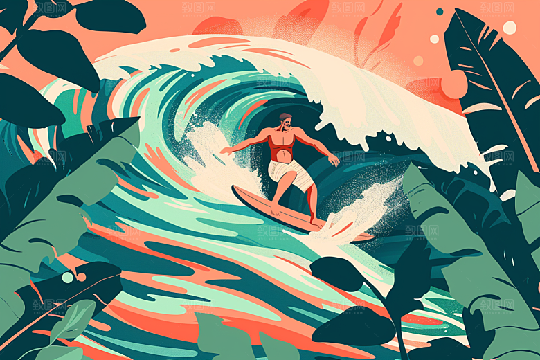 扁平风冲浪海浪玩水插画