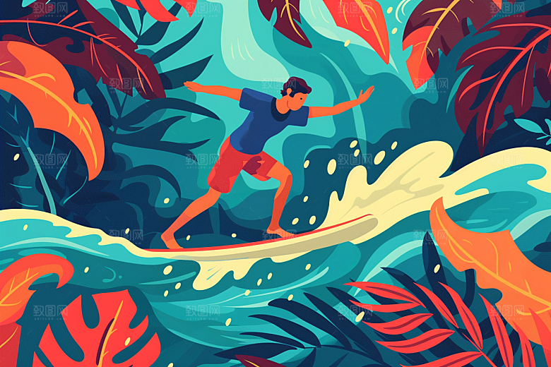 扁平风冲浪INS风玩水插画