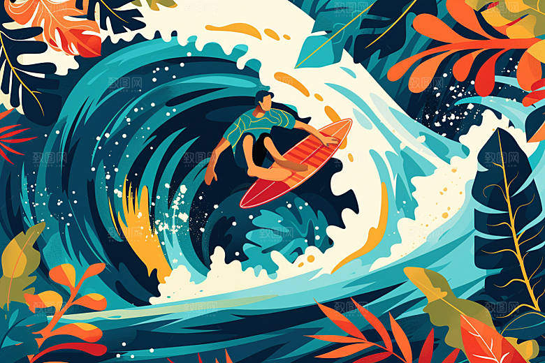 扁平风冲浪夏季海边插画