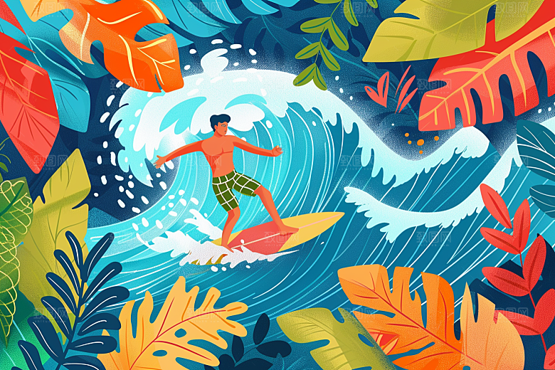 扁平风冲浪海浪戏水插画