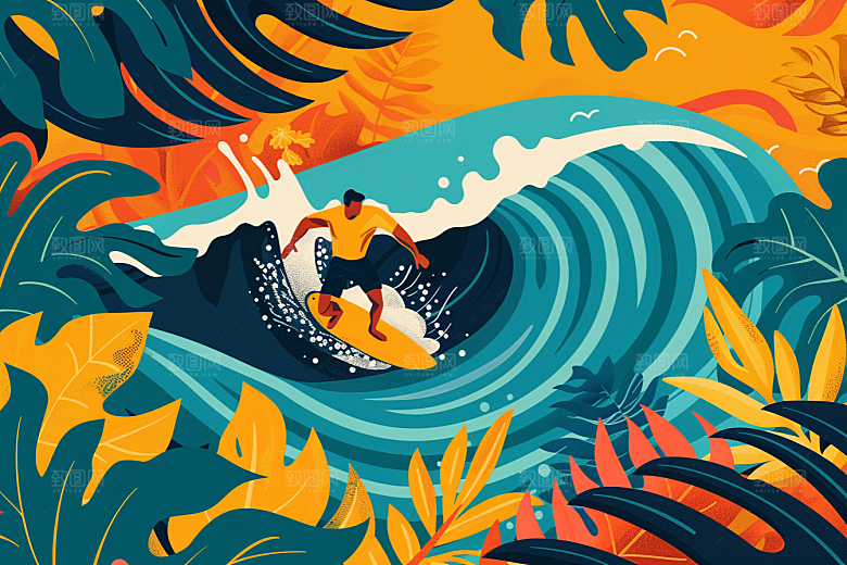 扁平风冲浪海浪自然插画