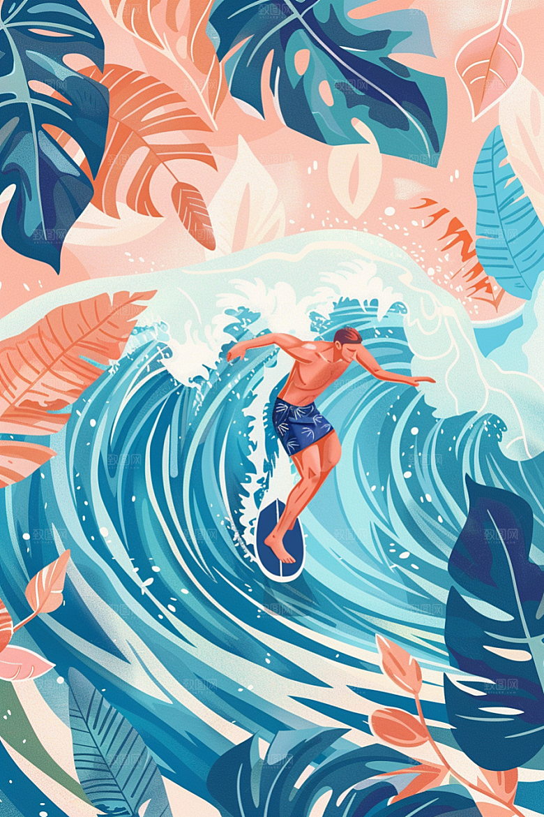 扁平风冲浪夏季海浪插画