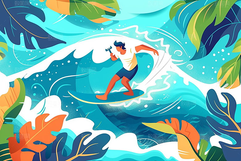 扁平风冲浪夏天画报风插画