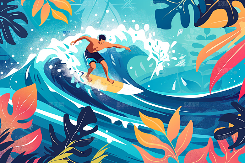 扁平风冲浪夏季玩水插画