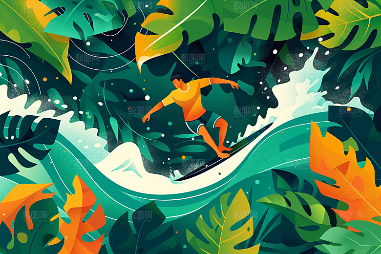 扁平风冲浪画报风海浪插画