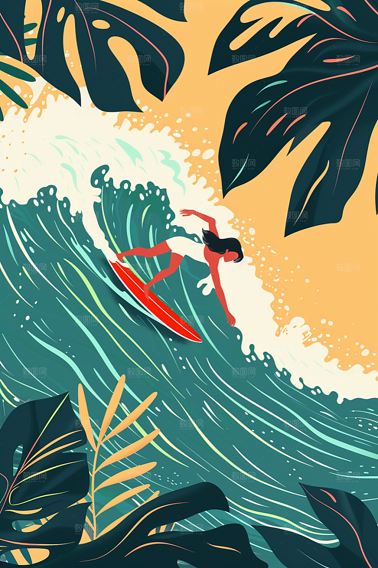 扁平风冲浪玩水戏水插画