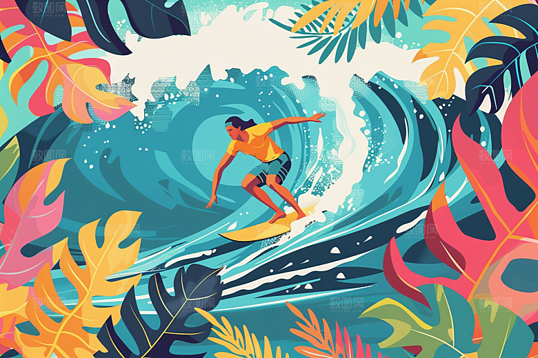 扁平风冲浪夏天海浪插画
