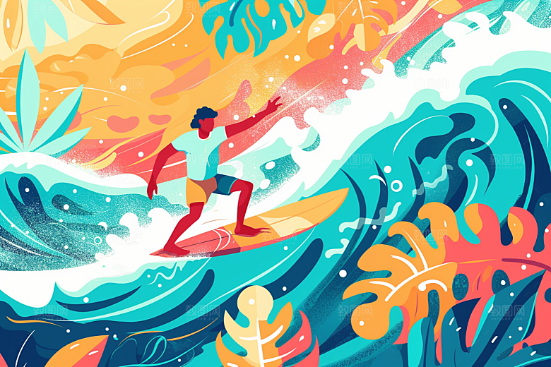 扁平风冲浪水上运动画报风插画
