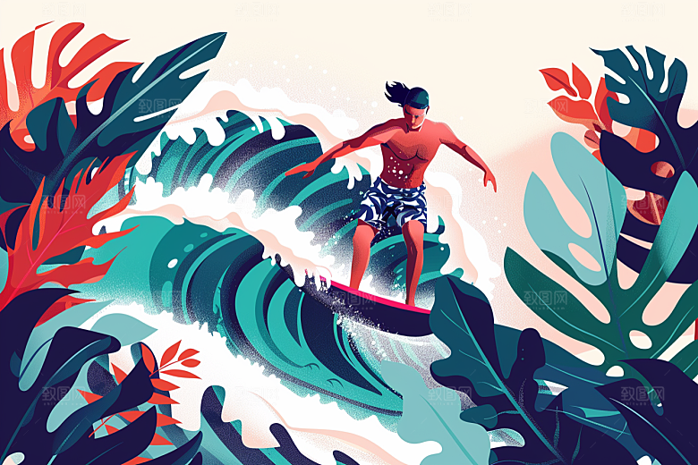 扁平风冲浪彩色海边插画
