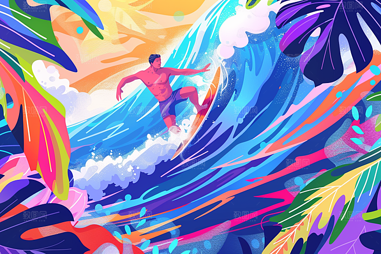 扁平风冲浪INS风简约插画