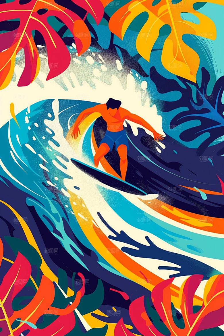 扁平风冲浪INS风海边插画