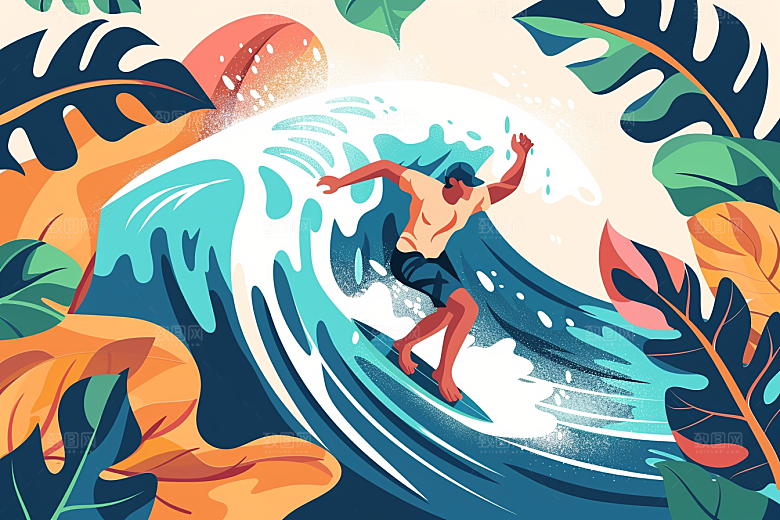 扁平风冲浪海边画报风插画