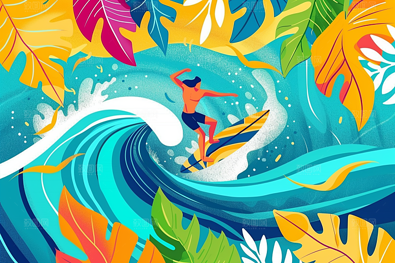 扁平风冲浪玩水运动插画