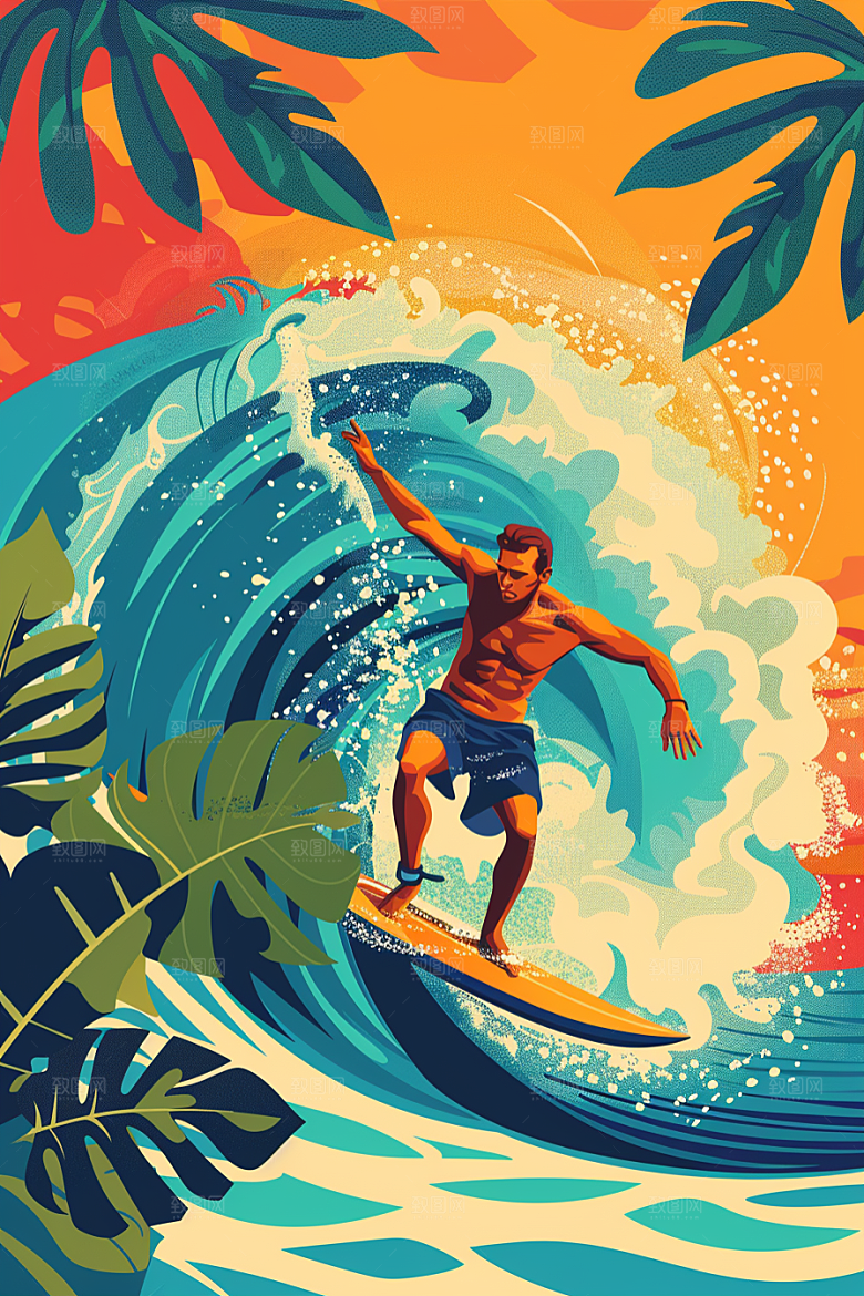扁平风冲浪夏天画报风插画