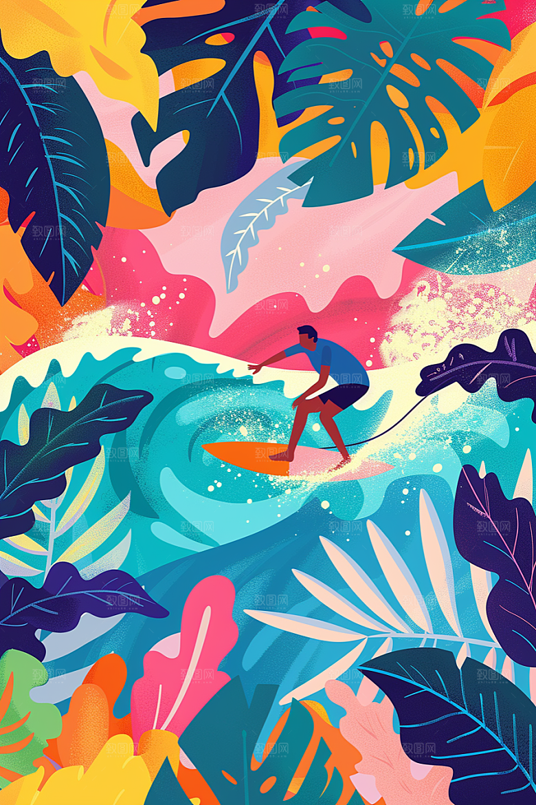 扁平风冲浪海边夏天插画