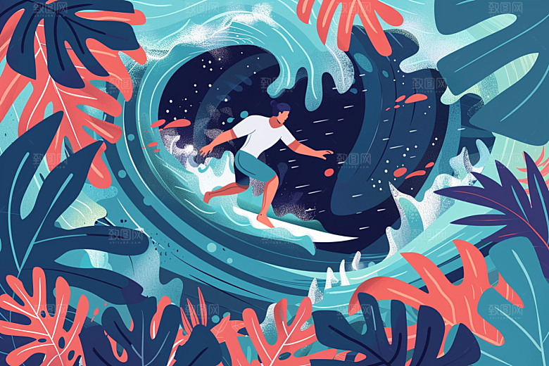 扁平风冲浪休闲简约插画