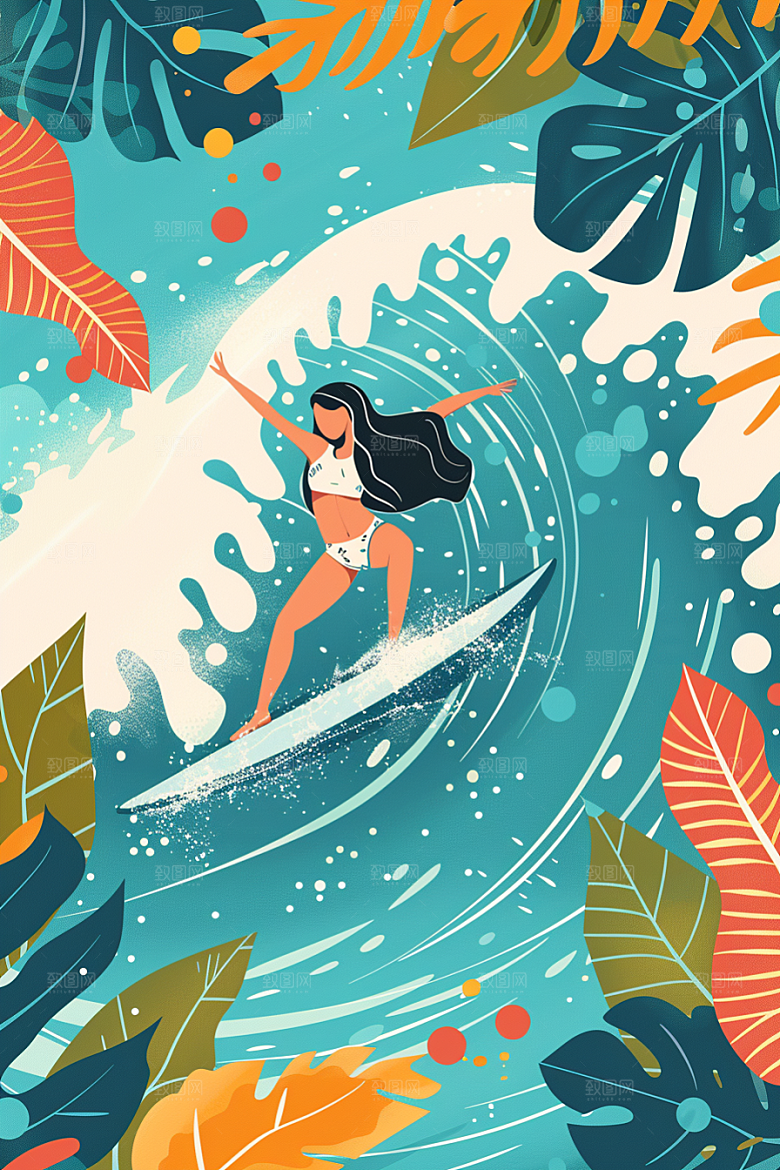 扁平风冲浪夏天戏水插画