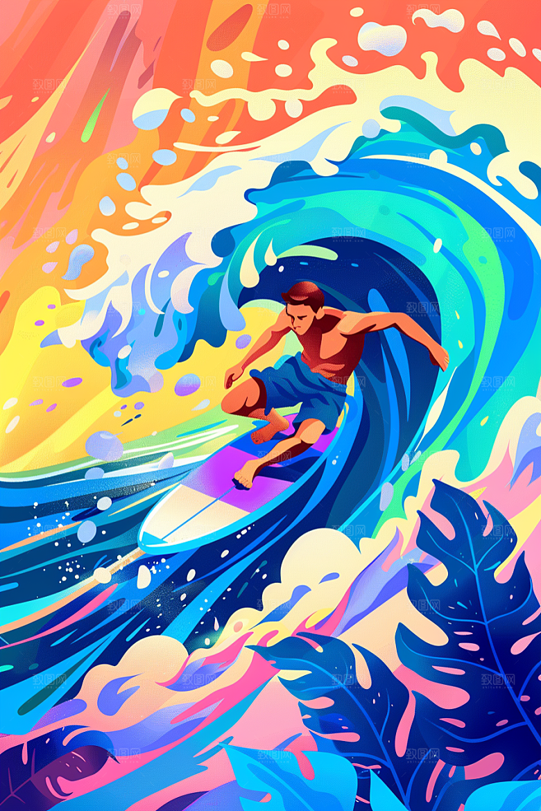 扁平风冲浪画报风夏天插画