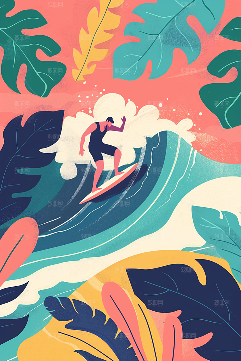 扁平风冲浪高清INS风插画