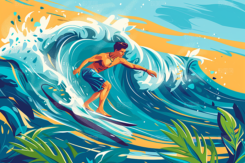 扁平风冲浪夏天彩色插画
