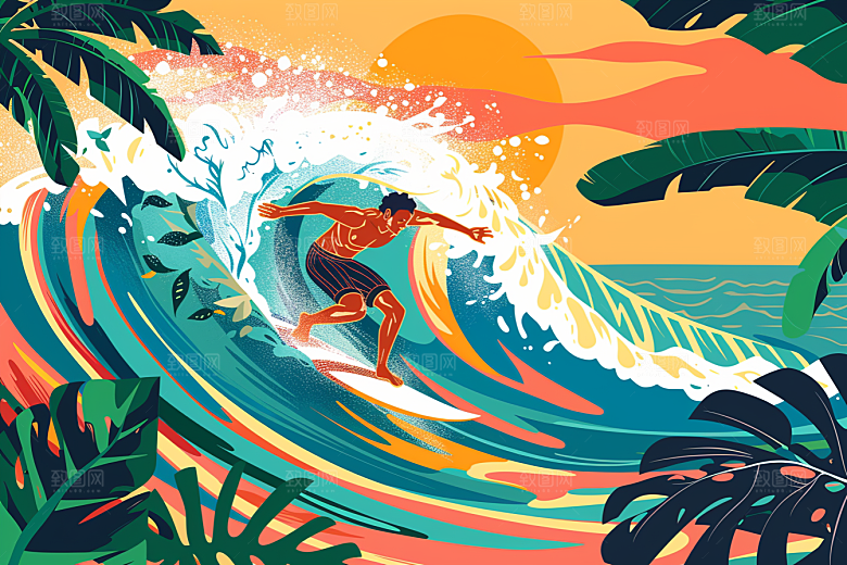 扁平风冲浪夏季夏天插画