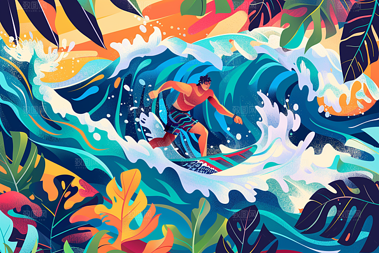 扁平风冲浪休闲戏水插画