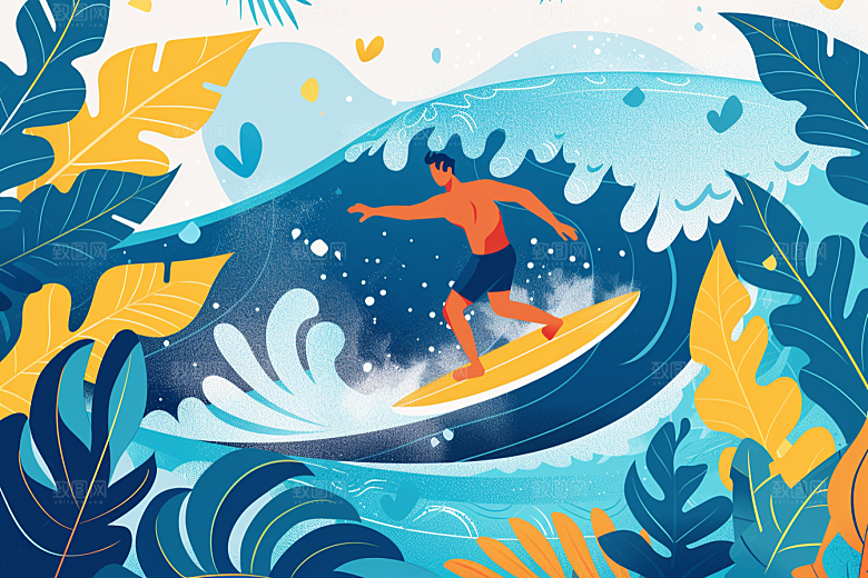 扁平风冲浪玩水水上运动插画