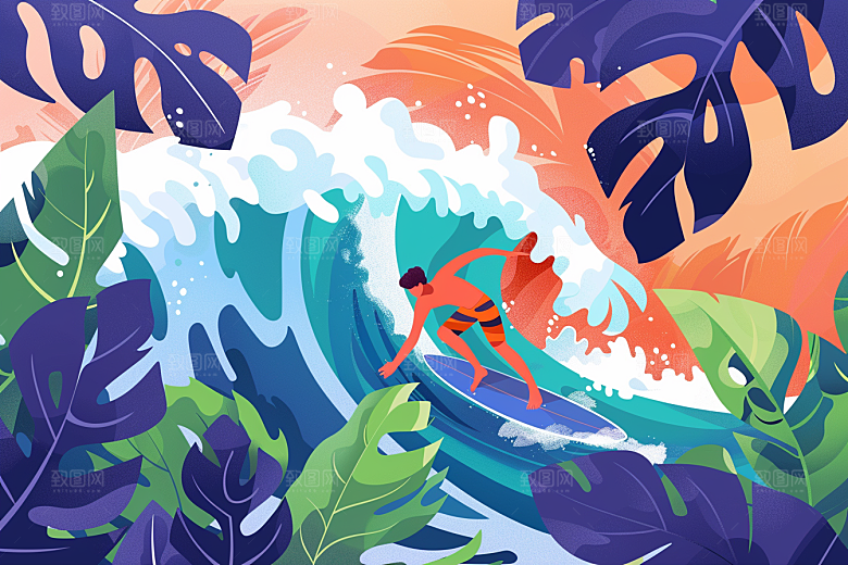 扁平风冲浪手绘体育插画