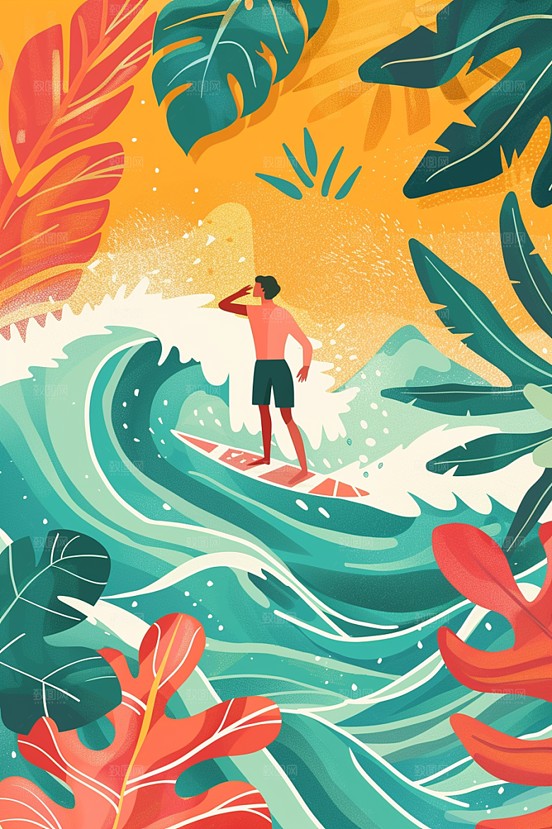 扁平风冲浪海浪手绘插画