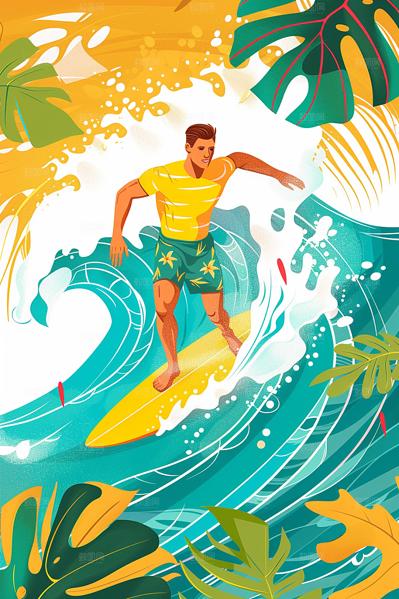 扁平风冲浪水上运动夏天插画