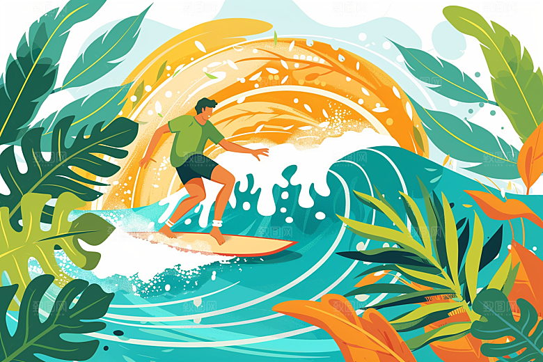 扁平风冲浪海边INS风插画