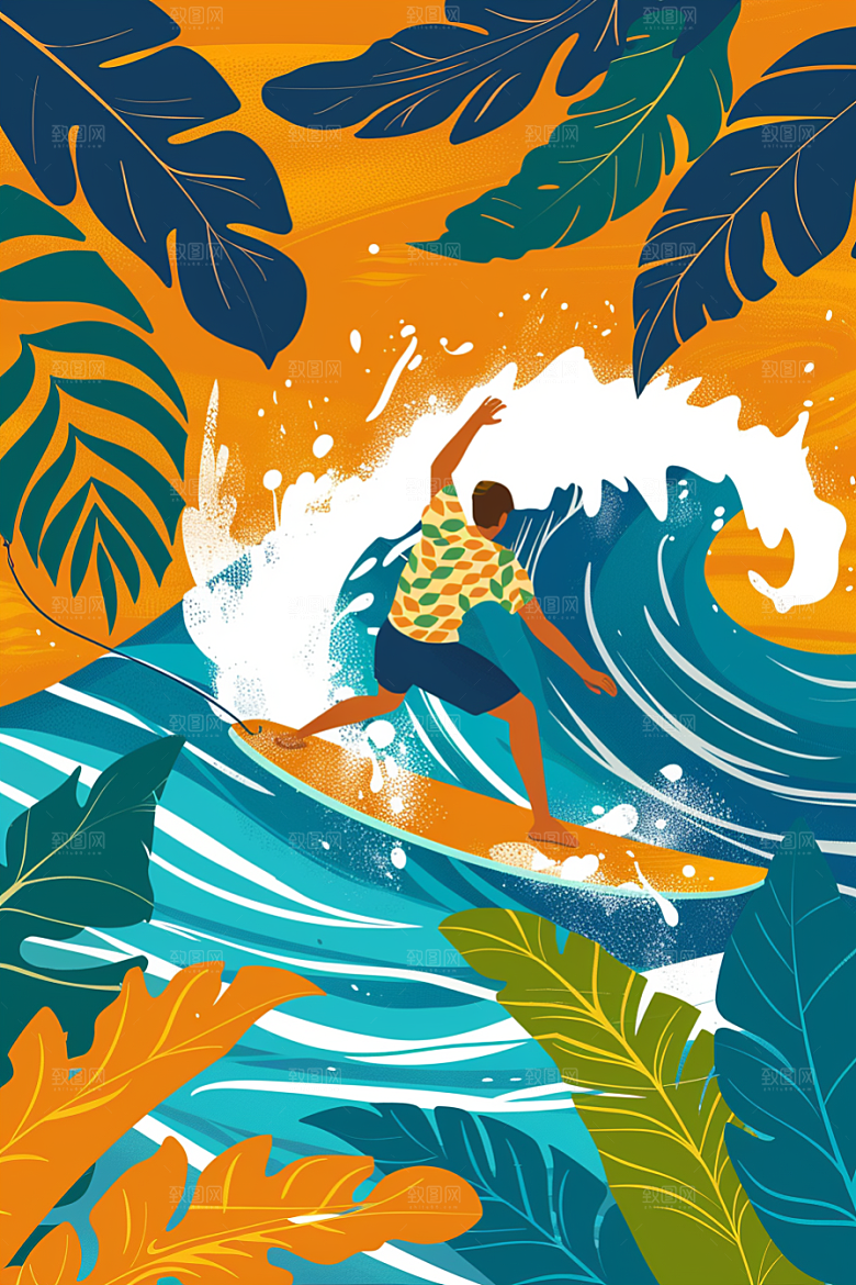 扁平风冲浪运动休闲插画