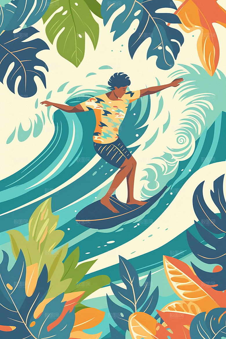 扁平风冲浪海浪水上运动插画