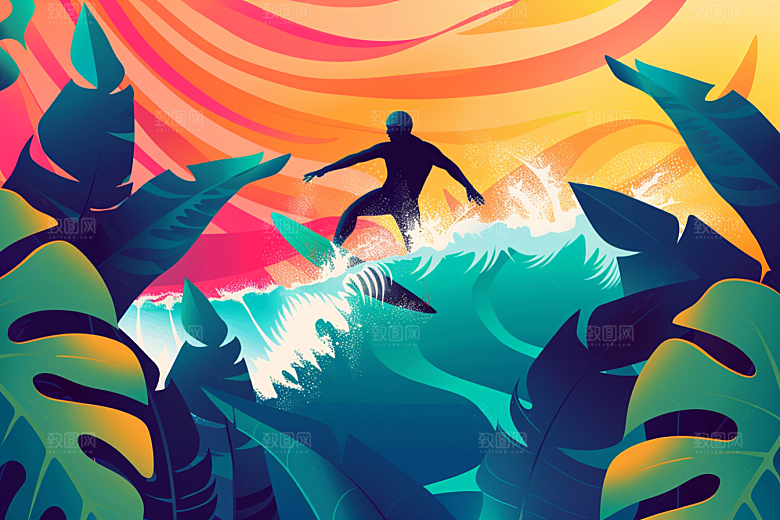 扁平风冲浪夏季海浪插画