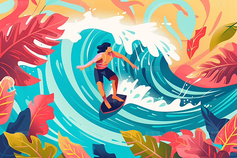 扁平风冲浪海边玩水插画