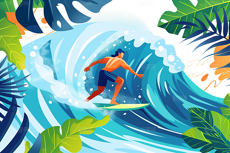 扁平风冲浪水上运动海边插画