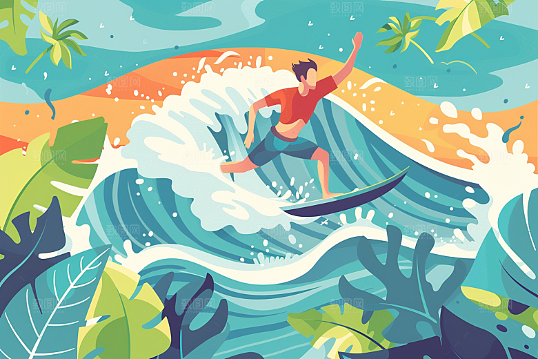 扁平风冲浪简约夏天插画