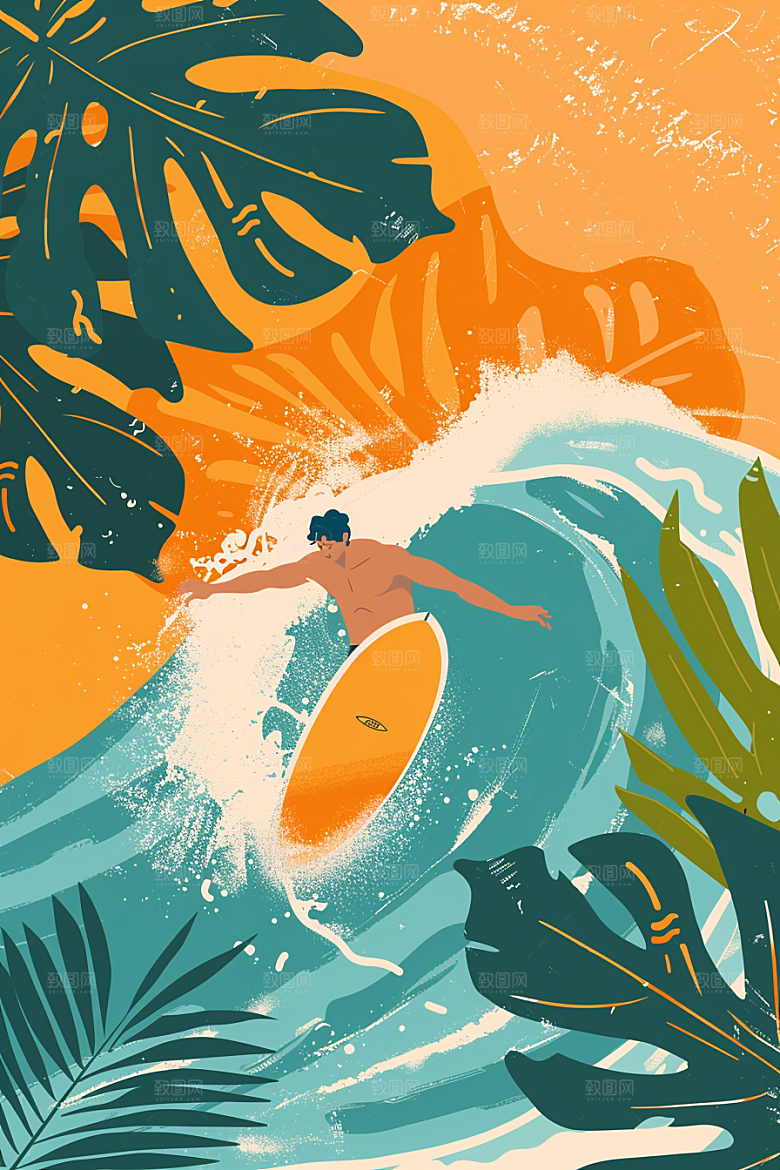 扁平风冲浪玩水海边插画