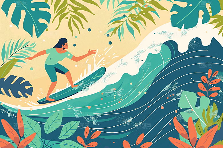 扁平风冲浪自然夏天插画