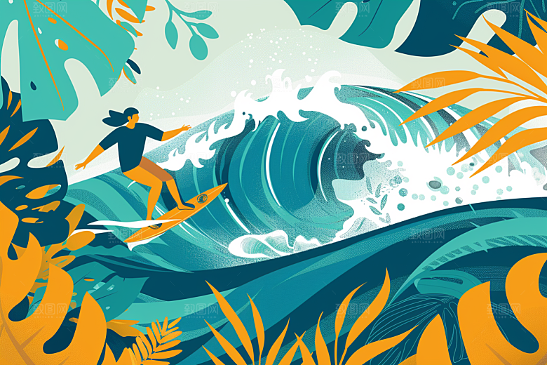 扁平风冲浪戏水海浪插画