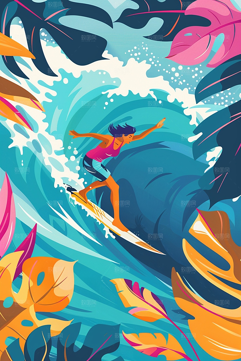 扁平风冲浪休闲戏水插画