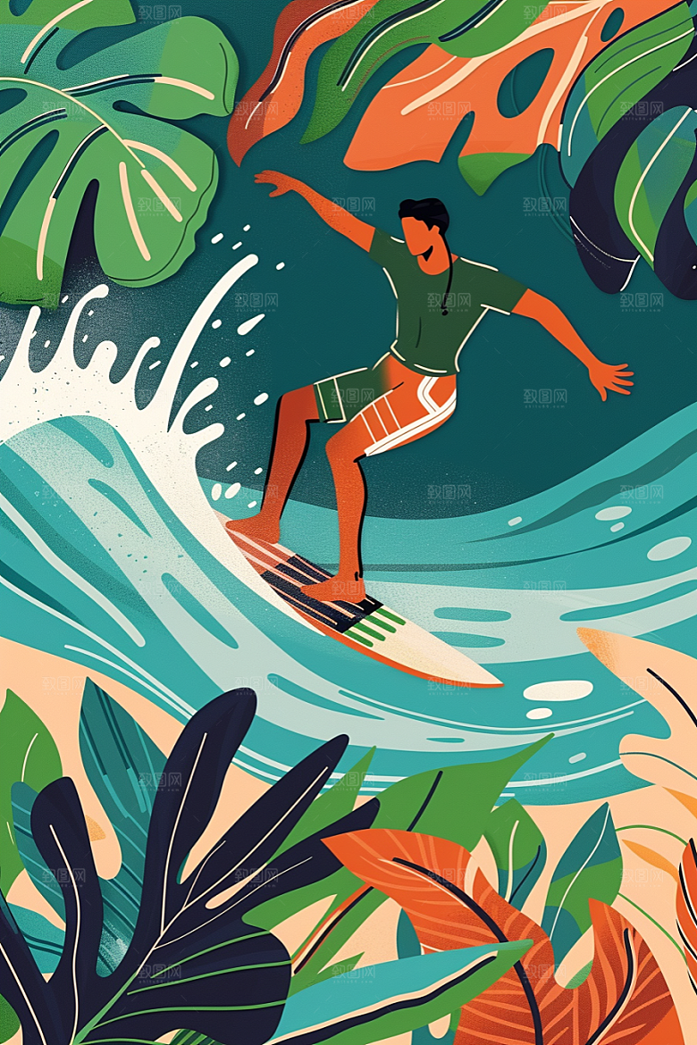 扁平风冲浪夏天水上运动插画