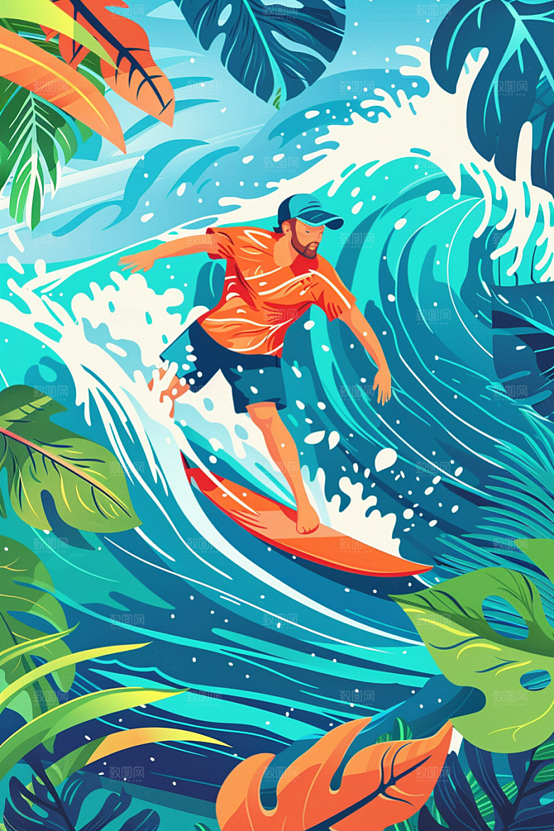 扁平风冲浪INS风夏天插画