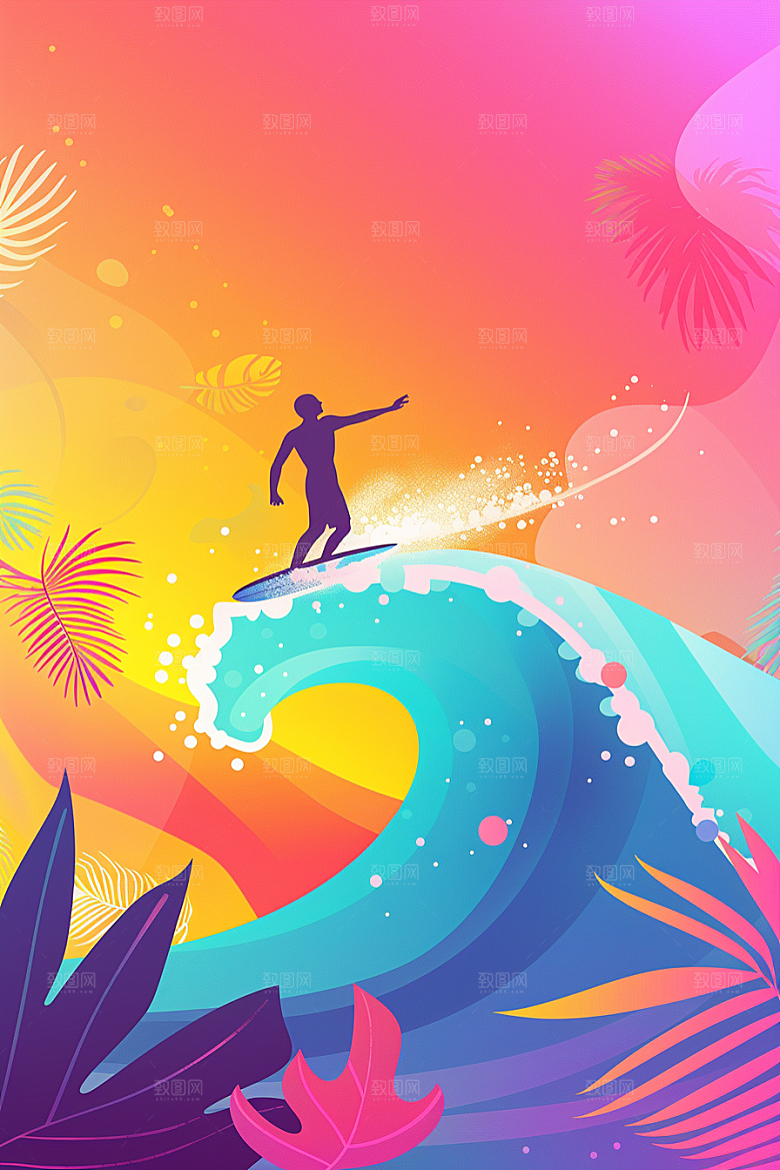 扁平风冲浪水上运动简约插画