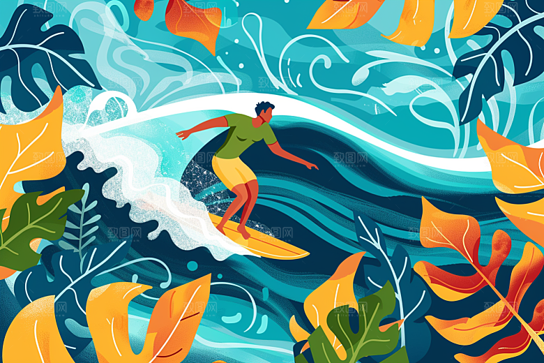 扁平风冲浪简约海浪插画