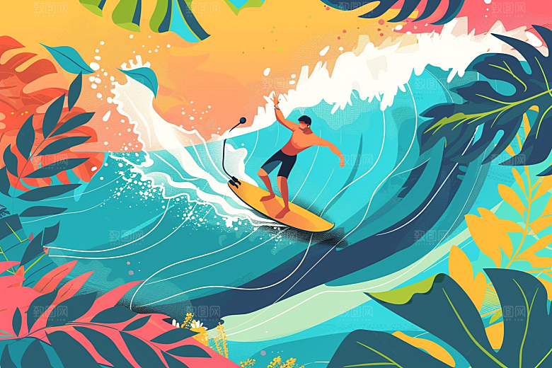 扁平风冲浪水上运动夏天插画