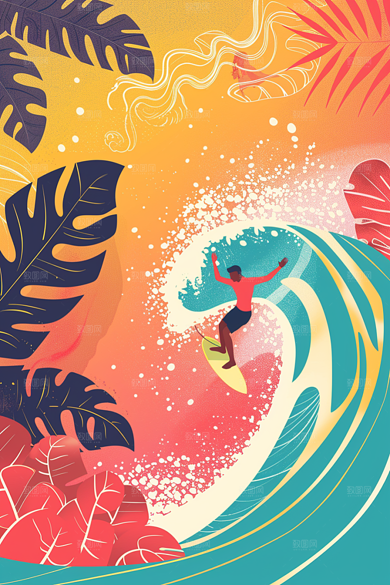 扁平风冲浪INS风夏天插画