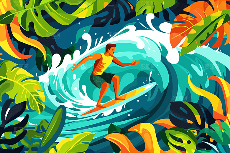 扁平风冲浪水上运动休闲插画