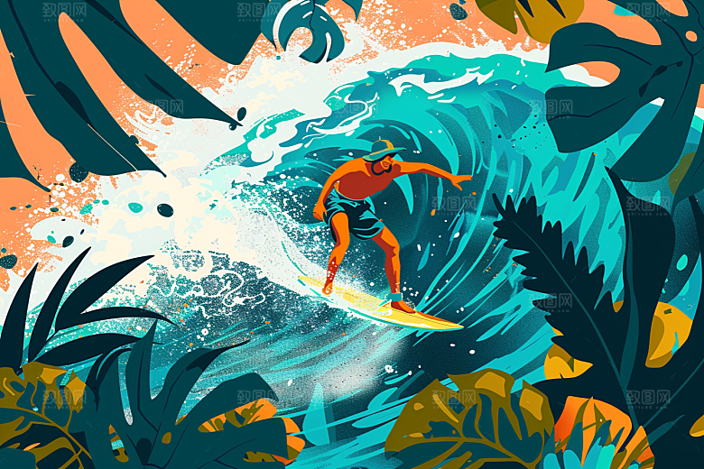 扁平风冲浪海浪海边插画